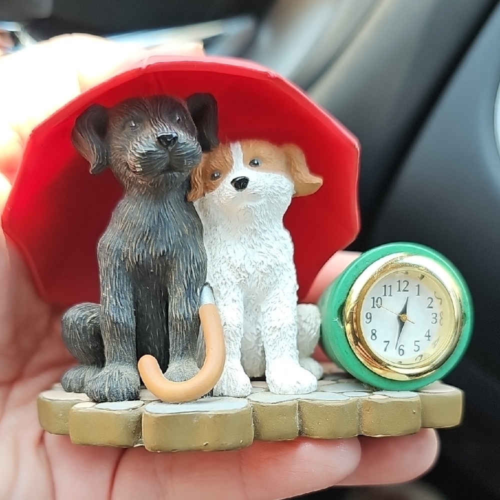 Cute Dog Figurine with Clock and Red Umbrella